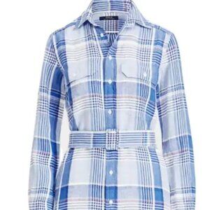 Polo Ralph Lauren Blue Linen Plaid Dress with belt Size 0